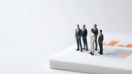Fototapeta premium Miniature figures of business professionals standing atop a data chart, symbolizing strategic overview, market analysis, and corporate leadership in a minimalist setting.