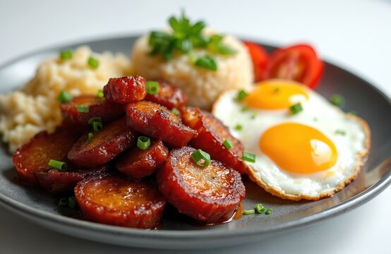 Sweet cured pork slices, called Tocino, are served on a plate. It comes with sunny-side-up fried eggs, garlic rice, and fresh red tomatoes. This hearty Asian breakfast is ready to eat now.