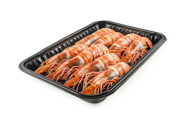 Black Tray of Ten Cooked Shrimp Neatly Arranged in Two Rows isolated on white