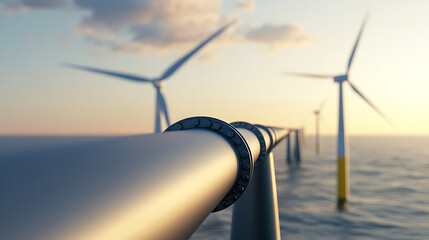 Offshore wind turbines generate clean energy, connected by a pipeline against a sunset sky, highlighting sustainable innovation & infrastructure development in renewables.