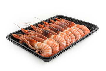 Black Tray of Ten Cooked Shrimp Neatly Arranged in Two Rows isolated on white