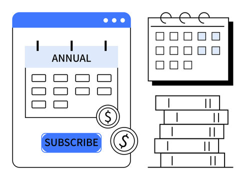 Calendar interface labeled Annual, stack of coins, and payment button beside additional calendar and books. Ideal for finance, subscription service, planning, budgeting, organization, scheduling