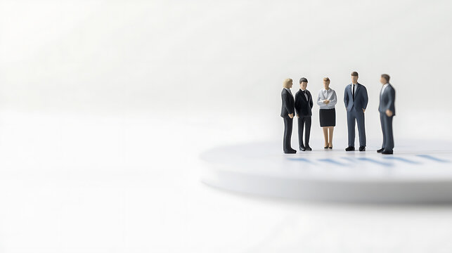 A miniature business team stands atop an infographic, symbolizing market analysis, strategic planning, and collaborative decision-making for growth in the modern business landscape.