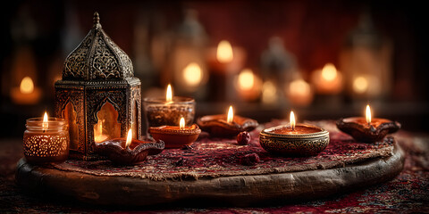 Traditional oil lamps and candles glowing on a decorative surface with an ornate lantern, creating a warm, festive, and spiritual ambiance.
