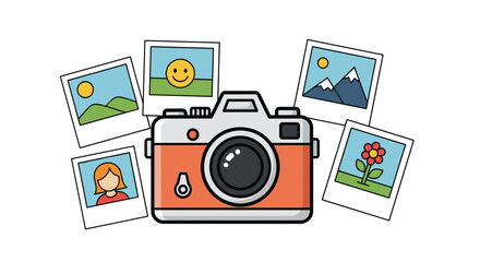 Vintage camera with instant photos illustration for photography hobbyists and retro style enthusiasts alike
