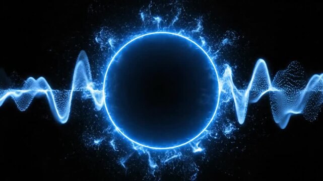 Abstract digital design with glowing neon circle and wave like shapes on black background vector illustration