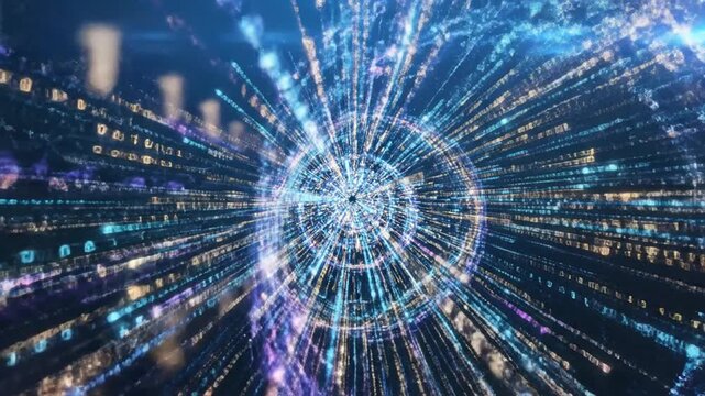 Abstract digital data stream with binary code moving through a central point technology concept