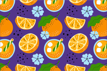 Seamless Orange Fruits Pattern on Violet Background. Hand-drawn Citrus Illustration, Hero Image