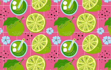 Seamless Lime Fruits Pattern on Pink Background. Hand-drawn Citrus Illustration, Hero Image