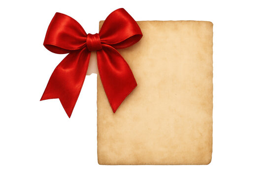 Old parchment paper features a bright red satin bow, symbolizing celebration, gifting, and festive occasions with a transparent background - Powered by Adobe
