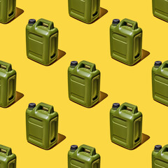 Diagonal Pattern of Green Plastic Jerry Cans with Shadows on Bright Yellow Background