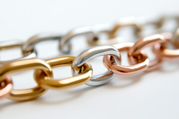 Obraz premium Close-up of a multi-toned chain on a white surface, featuring a metallic gold, silver, and copper sheen. The linked design evokes strength, unity, and connection. The image is clean and simple.