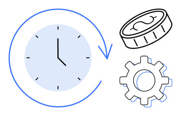 Clock with arrow emphasizing time flow, coin symbolizing value, gear representing work. Ideal for productivity, efficiency, business, process improvement, budgeting, planning simple flat metaphor