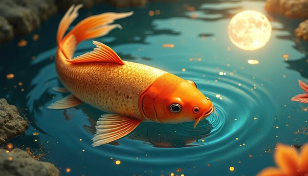 Golden koi swims in water pond under moon light. Orange carp floats near rocks with flower. Digital art about pet fish, oriental lucky animal in lake.