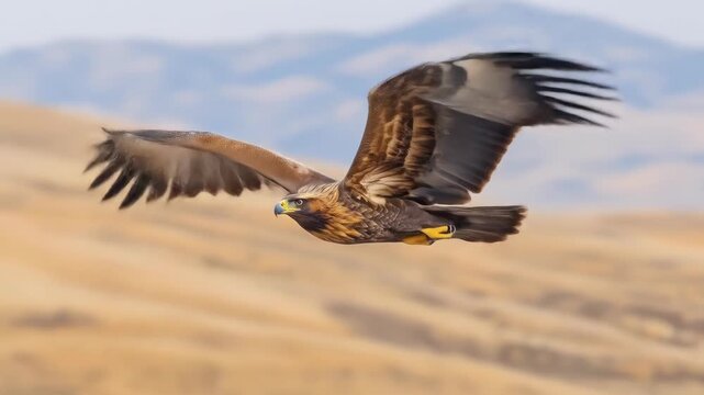 Golden eagle soars with outstretched wings, mountains blur in background