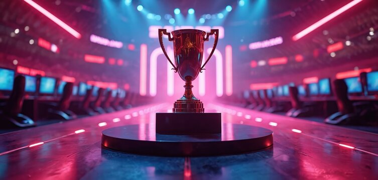 Golden trophy stands on stage. Arena lit with neon lights. Championship for esports competition about to start. Gaming event for pro players ready to begin. Cyber sport tournament. Computer game