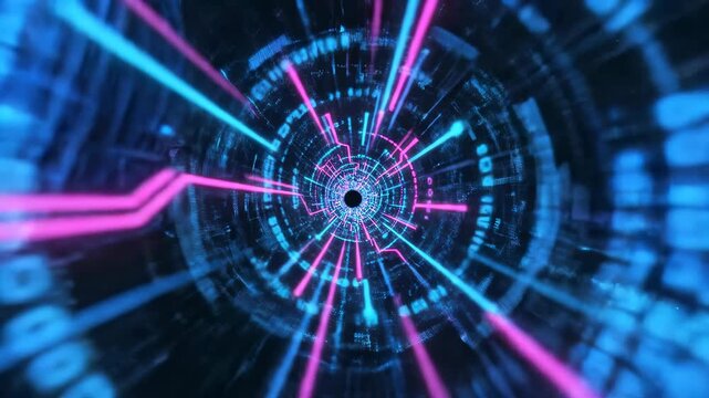 Futuristic digital data stream flowing through glowing network tunnel. Dynamic camera movement with diagonal panning.