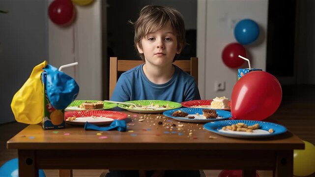 Sad young boy sitting at a birthday party table with leftover snacks and deflated balloons indoors