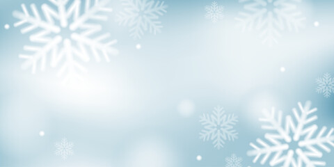 Christmas, New Year, Happy Holidays invitation, card design vector.  Christmas falling snowflakes. Soft gradient. Blurred background. Winter sky, landscape in pale soft blue, grey shades.