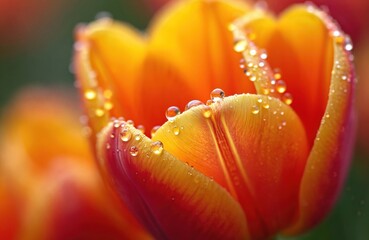 Close up of vivid orange tulip petals with many clear water drops. Flower bloom glistens after rain. Vibrant fresh plant unfolds beauty in garden. Natural botanical macro.
