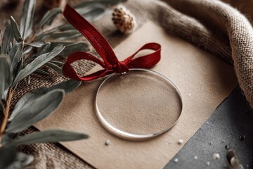 Clear acrylic round ornament mockup with red ribbon holiday decoration template for customizable branding design