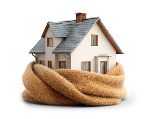 House wrapped in cozy knitted scarf symbolizing warmth home comfort shelter protection and family concept