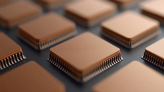 Macro shot of an array of square, brown computer chips with metallic pins on a grey surface, highlighting innovation and advanced technology. Conceptual digital processors.