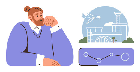 Thoughtful man contemplating air travel while looking at airport building, airplane, and chart. Ideal for travel planning, decision-making, analytics, navigation, strategy, forecasting simple flat