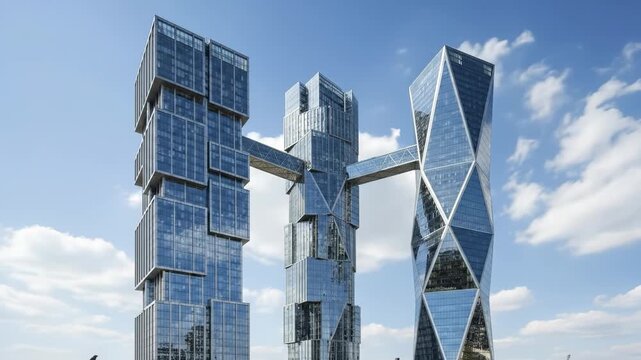 Modern glass skyscrapers with connecting skybridges in Shenzhen, China. Architectural design of a corporate headquarters in an urban plaza. Tilt up and down wide shot