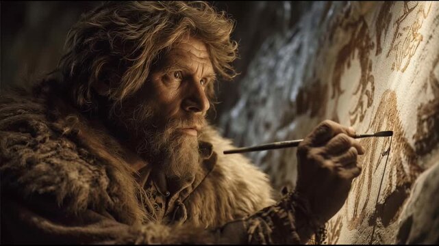 Ancient man drawing on cave wall, caveman painting animals and humans on rock surface, concept of prehistoric art