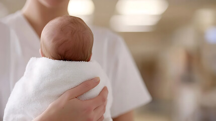 A health professional holds a newborn baby swaddled in a white towel. Gentle hands provide warmth and security, cradling the infant with care. Soft lighting highlights the moment.