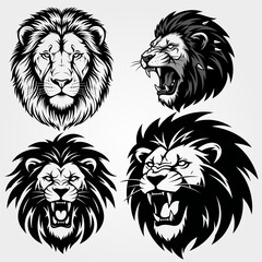 Four Majestic Lion Head Illustrations in Black and White.