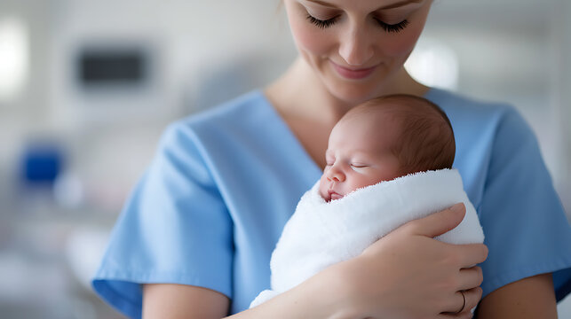 A healthcare worker dressed in blue scrubs cradles a sleeping newborn wrapped snugly in a white blanket. The scene conveys warmth and tenderness, emphasizing infant care.