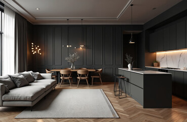 Modern dark luxury loft apartment with open layout. Includes living area sofa, dining table with chairs, sleek kitchen island with bar stools. Features wooden parquet floors, elegant wall panels.