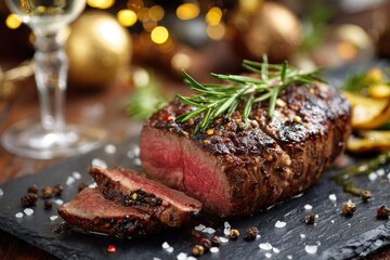 New Year's Eve menu restaurant top view beef steak celebration festive fine dining special occasion