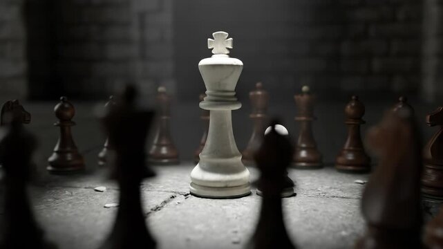 Chess king and pawn stand together under a spotlight, surrounded by opposing dark pieces. A concept of leadership, threat, and strategy in a dark stone room