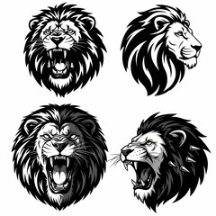 Four powerful lion head illustrations in black and white.