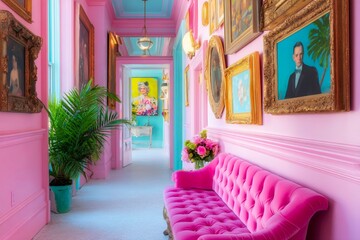 Maximalist interior with colorful wallpaper and decorative mirror bench