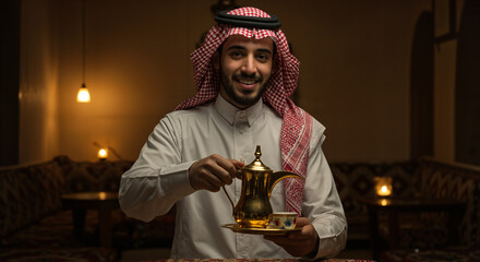 A Saudi man drinks coffee in a movie scene