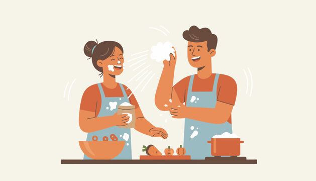 A lively cooking session where a couple makes a meal together complete with flour fights and laughter in the kitchen.