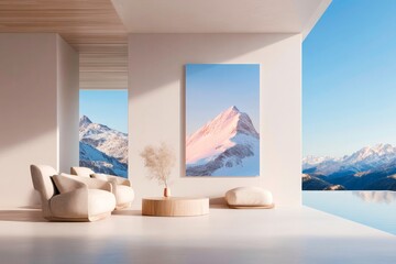 Serene living space with mountain vista and large format poster