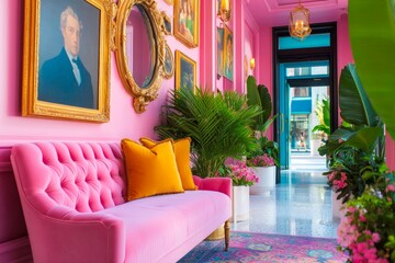 Vibrant maximalist hallway with bold wallpaper velvet bench ornate mirror