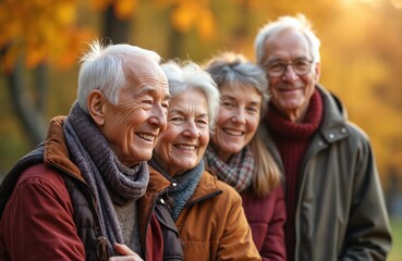 Four smiling seniors pose together in an autumn park. Two couples enjoy a warm, golden afternoon outdoors, sharing smiles and togetherness, with fall foliage in the background.