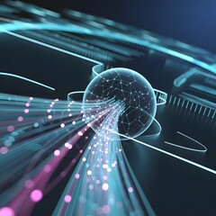 Futuristic 3D sphere with glowing digital data streams and network connections, abstract visualization symbolizing artificial intelligence, big data, and global communication technology