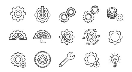 Collection of outline icons representing gears and cogwheels, symbolizing mechanisms, teamwork, and industrial processes. These editable stroke vector graphics are perfect for infographics, articles