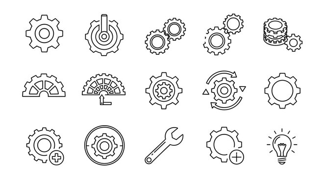 Collection of outline icons representing gears and cogwheels, symbolizing mechanisms, teamwork, and industrial processes. These editable stroke vector graphics are perfect for infographics, articles