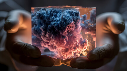 Hands in gloves holding transparent cube containing colorful smoke cloud formation, representing scientific research and laboratory experiments