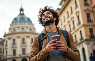 Fototapeta premium Young happy man with curly hair, beard smiles using smartphone in old European city. Tourist with backpack looks up in urban town street holding phone. Male traveler explores town with mobile device.