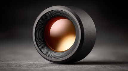 Camera lens with orange reflective glass and threaded mount on dark surface, showcasing optical technology for photography