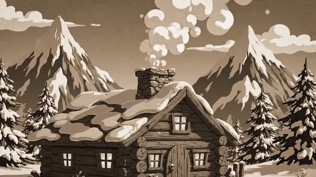 Cabin in snow with mountains and trees illustration winter scene of a cozy wooden house with smoke